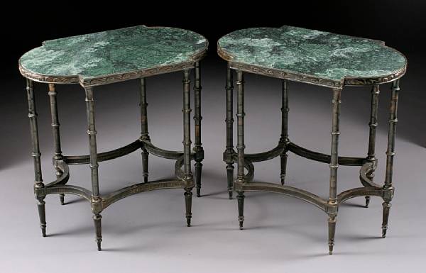 Appraisal: A pair of Neoclassical style patinated bronze and marble tables