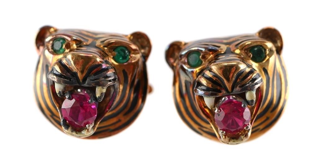 Appraisal: One pair K yellow gold tiger head cufflinks having round