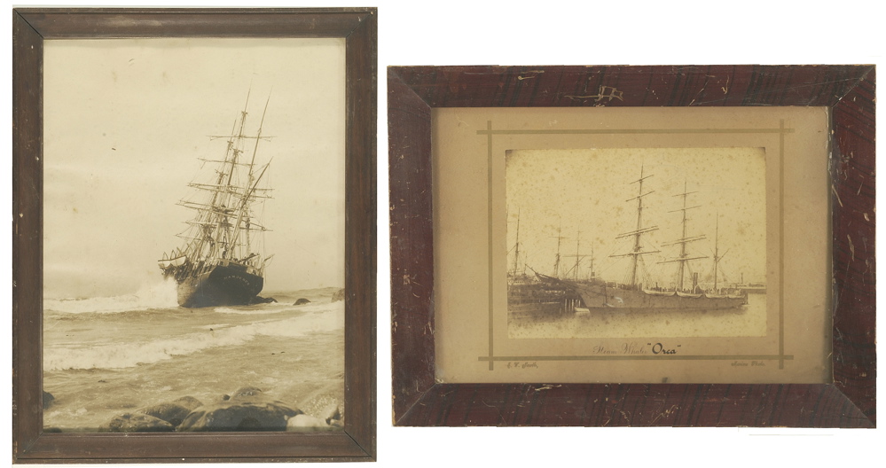 Appraisal: TWO FRAMED PHOTOGRAPHS Whale ship Orca Signed lower left E