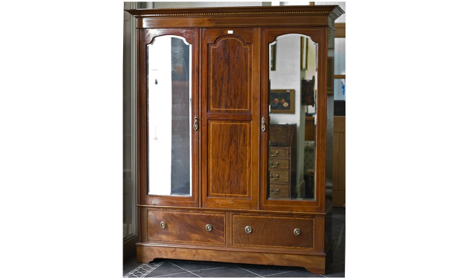 Appraisal: Double Fronted Wardrobe Edwardian Mahogany Inlaid Wardrobe Two Mirrored Doors