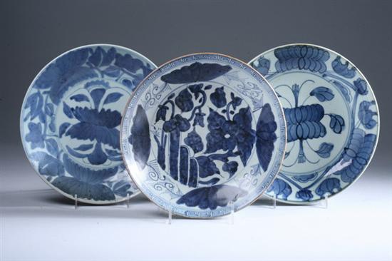 Appraisal: THREE CHINESE BLUE AND WHITE PORCELAIN PLATES late Qing Dynasty