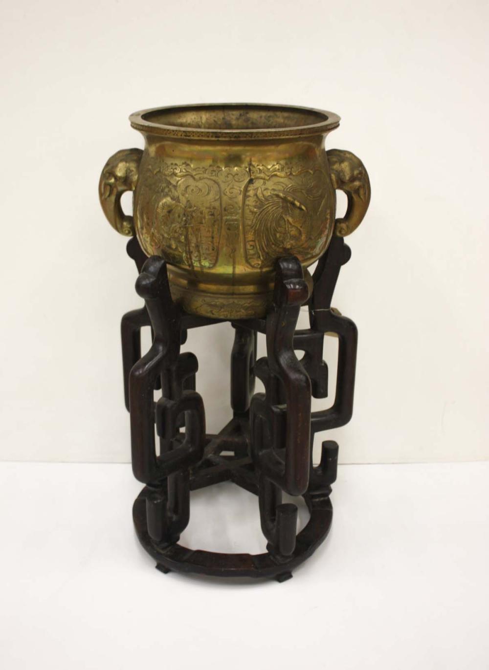 Appraisal: CHINESE CAST BRASS JARDINIERE ON WOOD FLOOR STAND the D