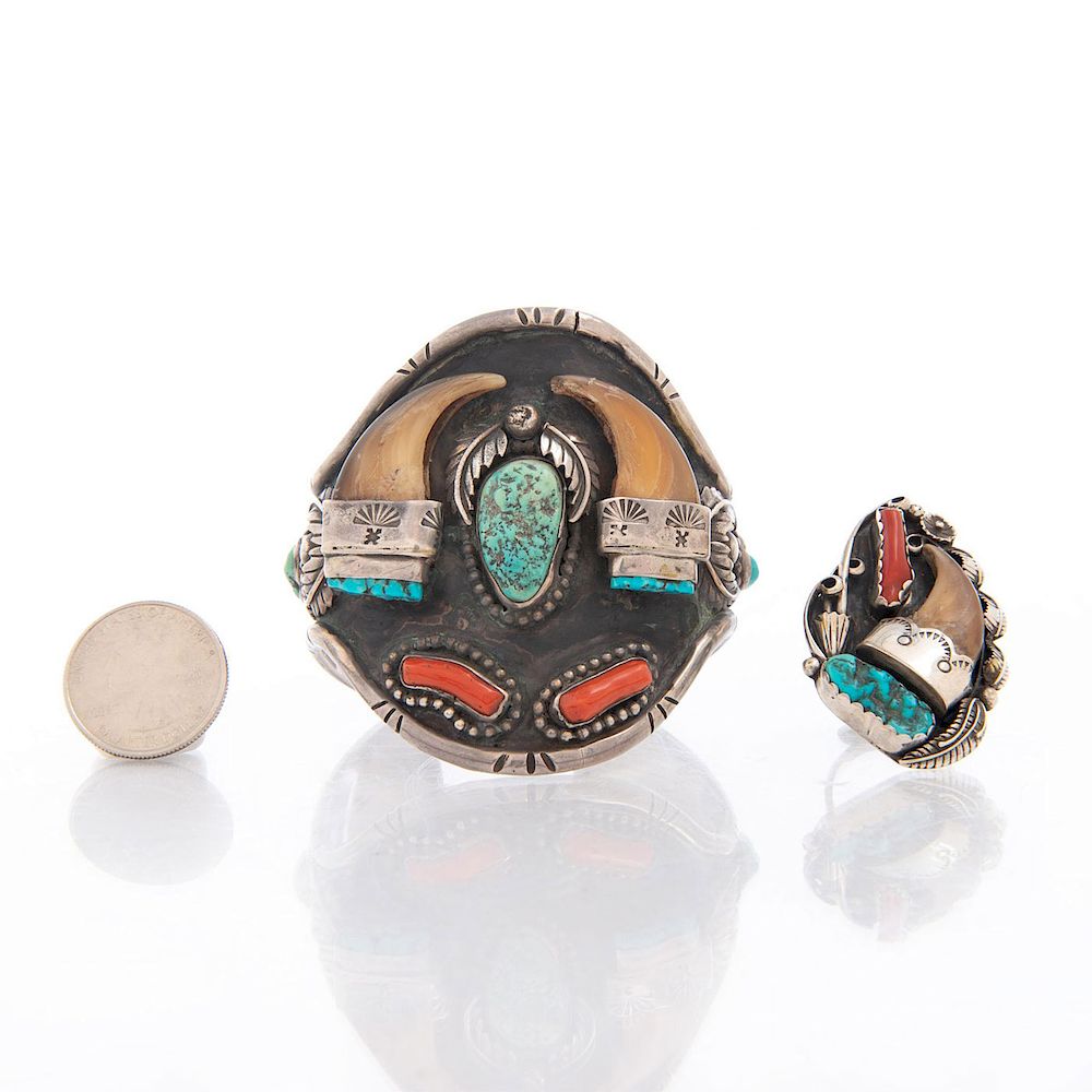 Appraisal: NATIVE AMERICAN TURQUOISE CORAL CLAW BRACELET RING Silver and turquoise