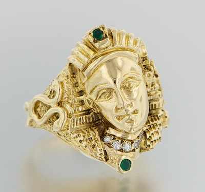 Appraisal: A Pharaoh Design Ring with Diamonds and Emeralds k yellow