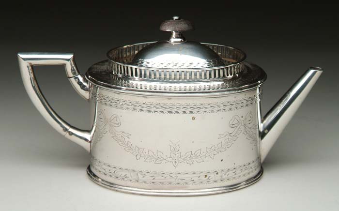 Appraisal: DANISH SILVER TEAPOT Copenhagen Oval form teapot has angular straight