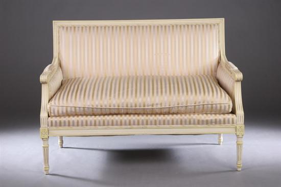 Appraisal: FRENCH LOUIS XVI-STYLE PAINTED PETITE CANAPE th century Molded-edge rectangular