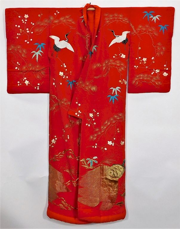 Appraisal: Edo Period Embroidered Cranes Uchikake Kimono Japan Circa Hand woven