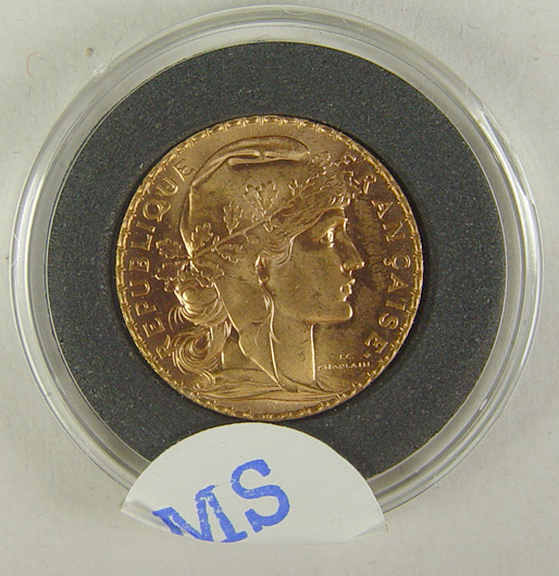 Appraisal: French Rooster Gold Coin Although not certified by ANACS this