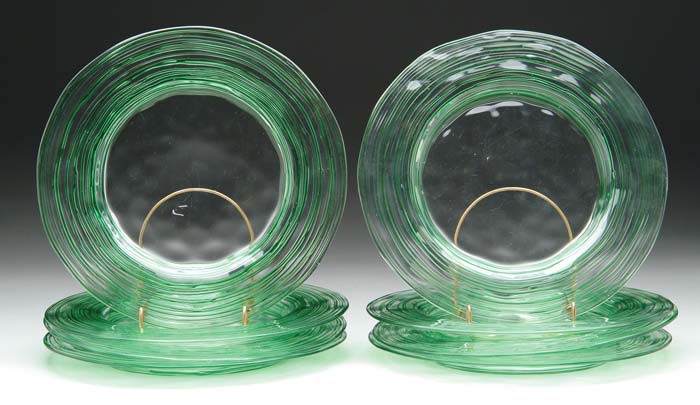 Appraisal: EIGHT STEUBEN PLATES Clear crystal with applied Pomona green threading