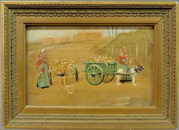 Appraisal: Miniature Continental oil on panel painting of women with dogs