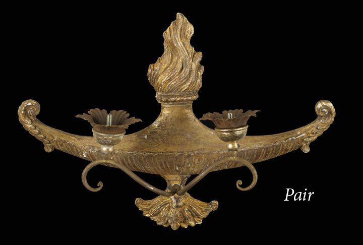 Appraisal: Large Pair of Italian Carved Giltwood and Wrought-Iron Two-Light Appliques