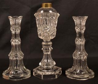 Appraisal: Three Pieces of Colorless Flint Glass Pair of Excelsior candlesticks