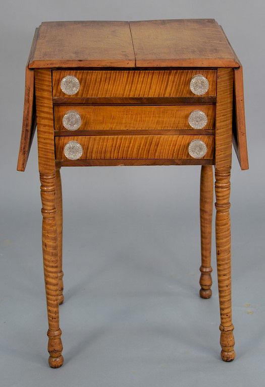 Appraisal: Sheraton tiger maple three drawer drop leaf stand with glass