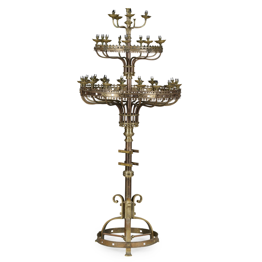 Appraisal: GOTHIC STYLE BRASS FLOOR CANDELABRUM TH CENTURY with three tiers