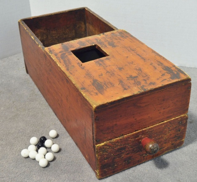 Appraisal: Vintage Wooden Ballot BoxCirca In original red paint With modern