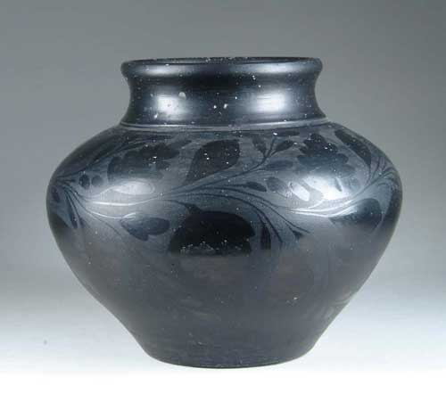 Appraisal: BLACK ON BLACK INDIAN POTTERY VASE SIGNED The Purchased from