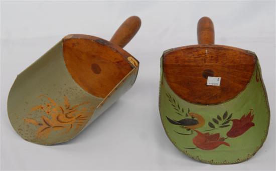 Appraisal: TWO ANTIQUE TOLE SCUTTLE SHOVELS paint decorated with wood handles