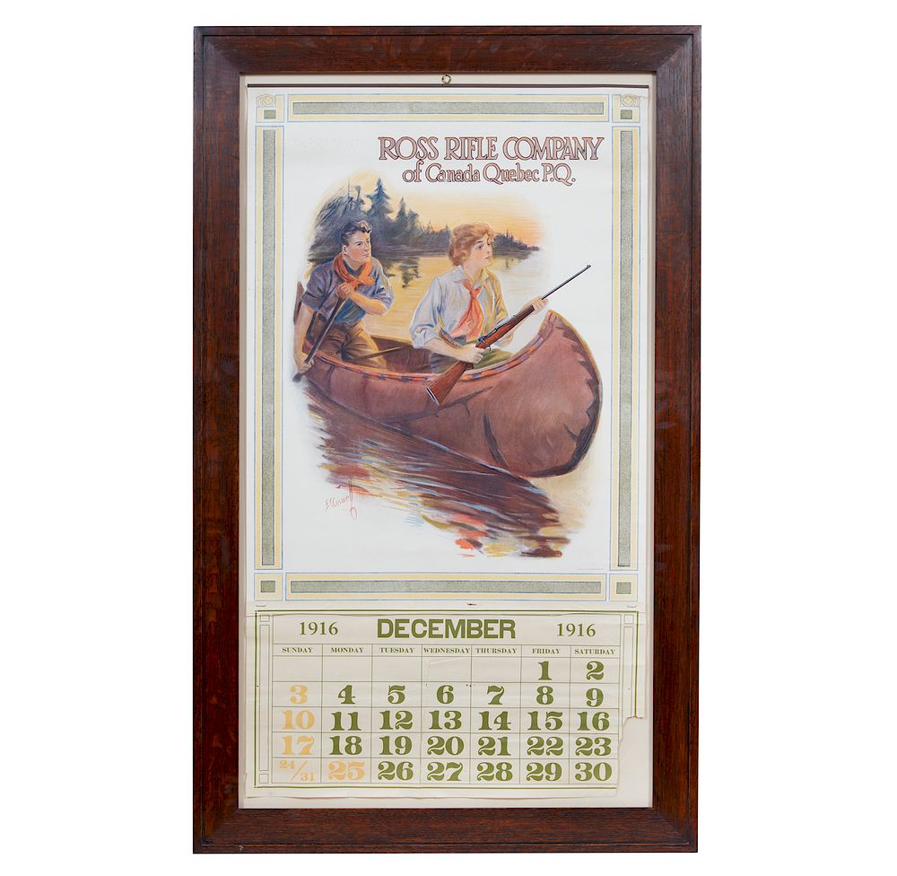 Appraisal: Ross Rifle Company Advertising Calendar Framed advertising calendar for Ross