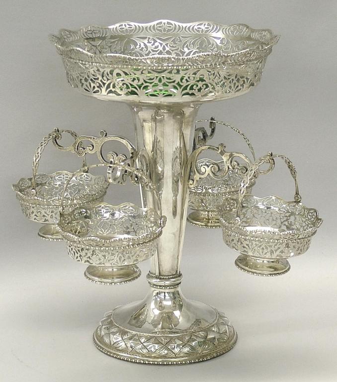 Appraisal: Impressive Edwardian four branch epergne the central circular foliate pierced