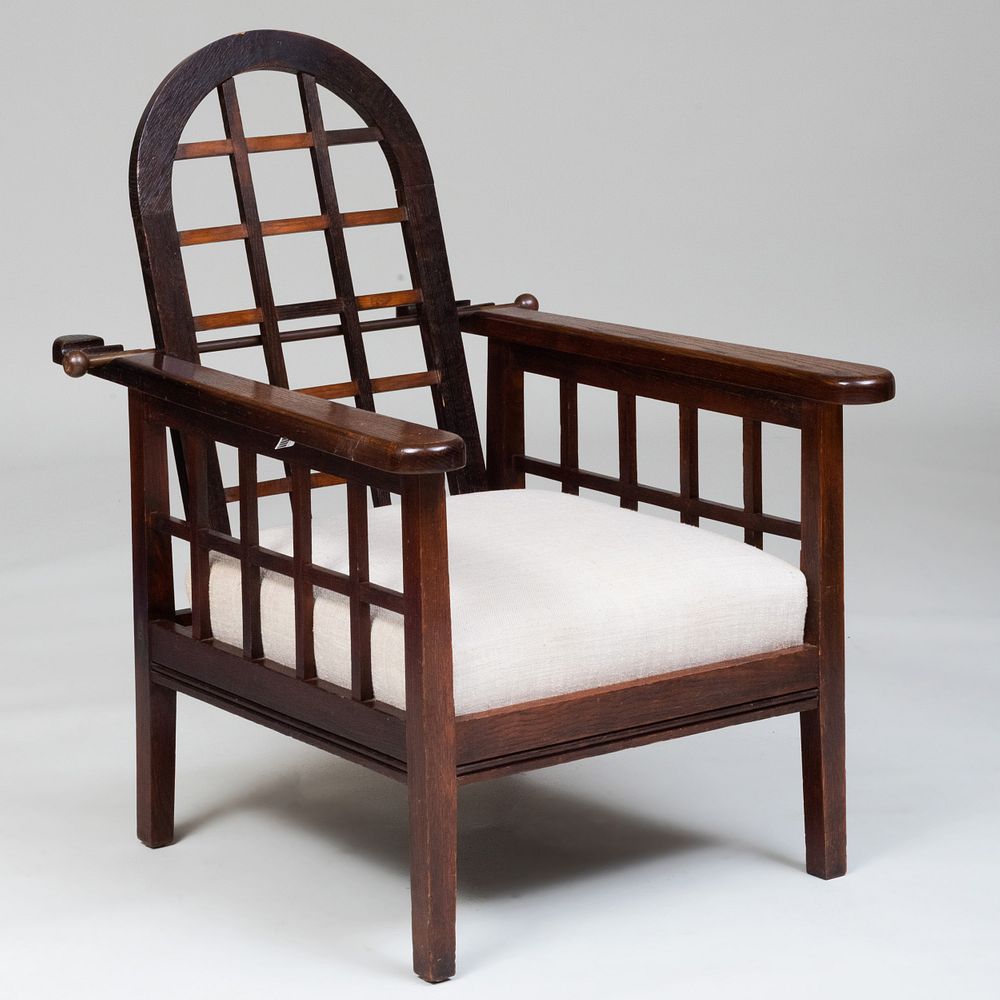 Appraisal: English Arts and Crafts Stained Oak Adjustable Armchair x x