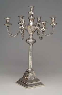 Appraisal: Seven-cup silver plated candelabra square stepped base reed and ribbon