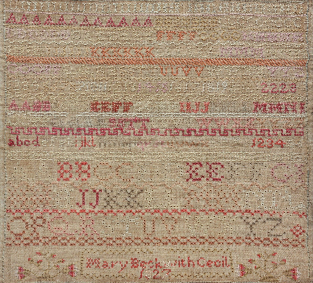 Appraisal: ENGLISH SAMPLER Dated Stitched by Mary Beckwith Cecil alphabet numerals