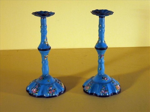 Appraisal: PAIR OF ENGLISH BLUE GROUND ENAMEL CANDLESTICKS th c with