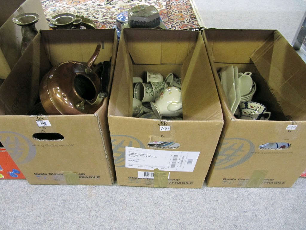 Appraisal: Lot comprising three boxes of brassware and teawares etc