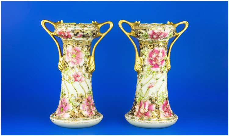 Appraisal: Pair of Two Handled Noritaki Art Nouveau Vases Old Nippon