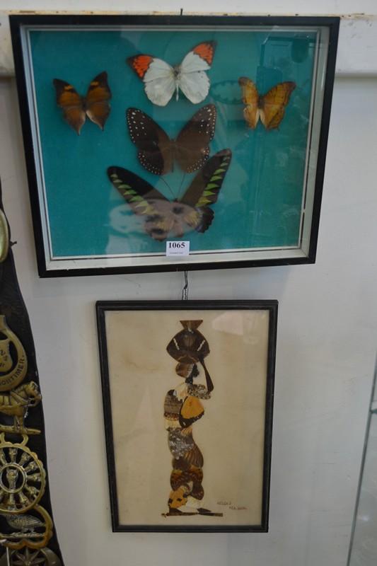 Appraisal: BUTTERFLY DIORAMA PLUS BUTTERFLY WING AFRICAN PORTRAIT