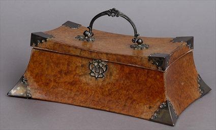 Appraisal: REGENCY AMBOYNA WOOD WORK BOX WITH SILVER-PLATED MOUNTS The hinged