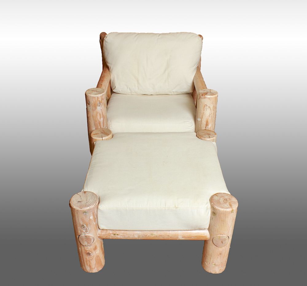 Appraisal: Rustic Lounge Chair Ottoman w White Upholstery Rustic lounge arm