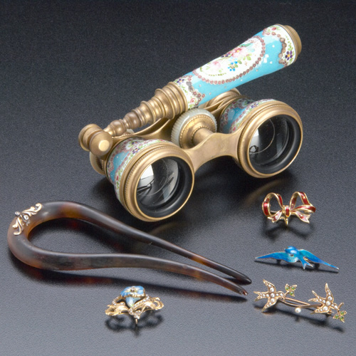 Appraisal: Jewelry and accessories ca French enameled opera glasses with telescoping