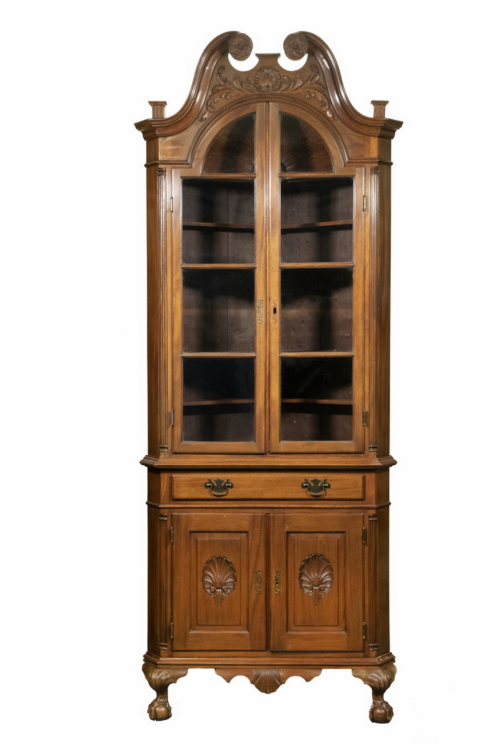 Appraisal: CUSTOM MADE TWO-PART DIMINUTIVE CORNER CABINET Chippendale Style in mahogany