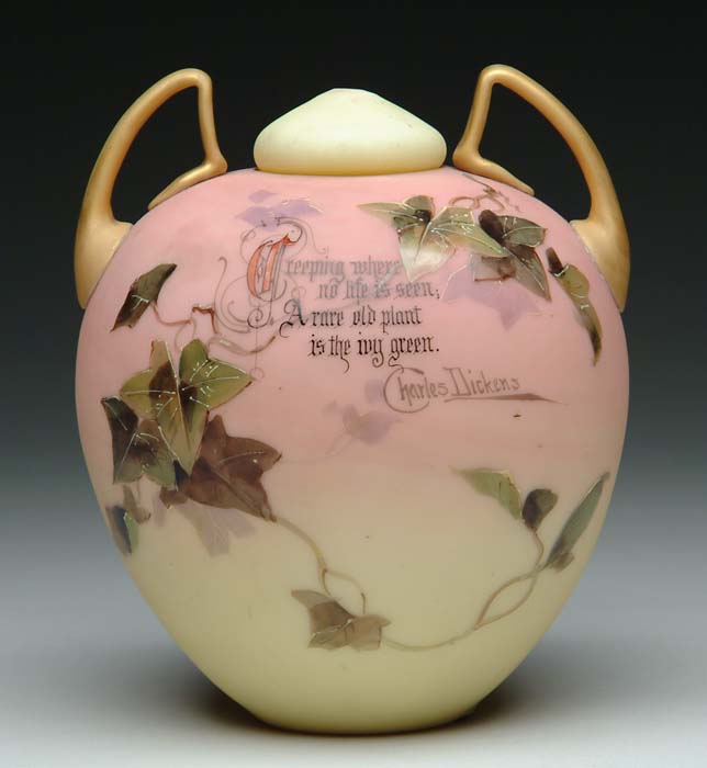 Appraisal: EXTREMELY RARE MT WASHINGTON BURMESE VERSE COVERED ROSE JAR Extremely