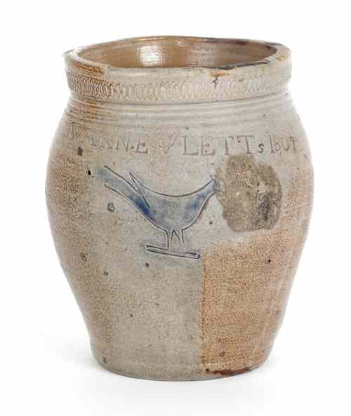 Appraisal: New Jersey stoneware crock dated impressed Warne Letts with an