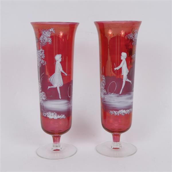 Appraisal: Pair Mary Gregory enameled cranberry glass hurricane candle holders H