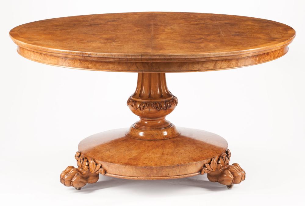 Appraisal: William IV-Style Burl Wood Tilt-Top Breakfast Table molded circular top