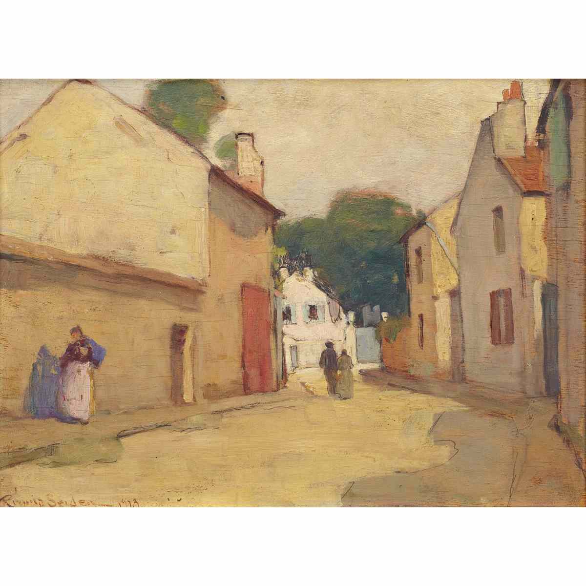 Appraisal: REGINA SEIDEN VILLAGE STREET WITH FIGURES FRANCE Medium oil on