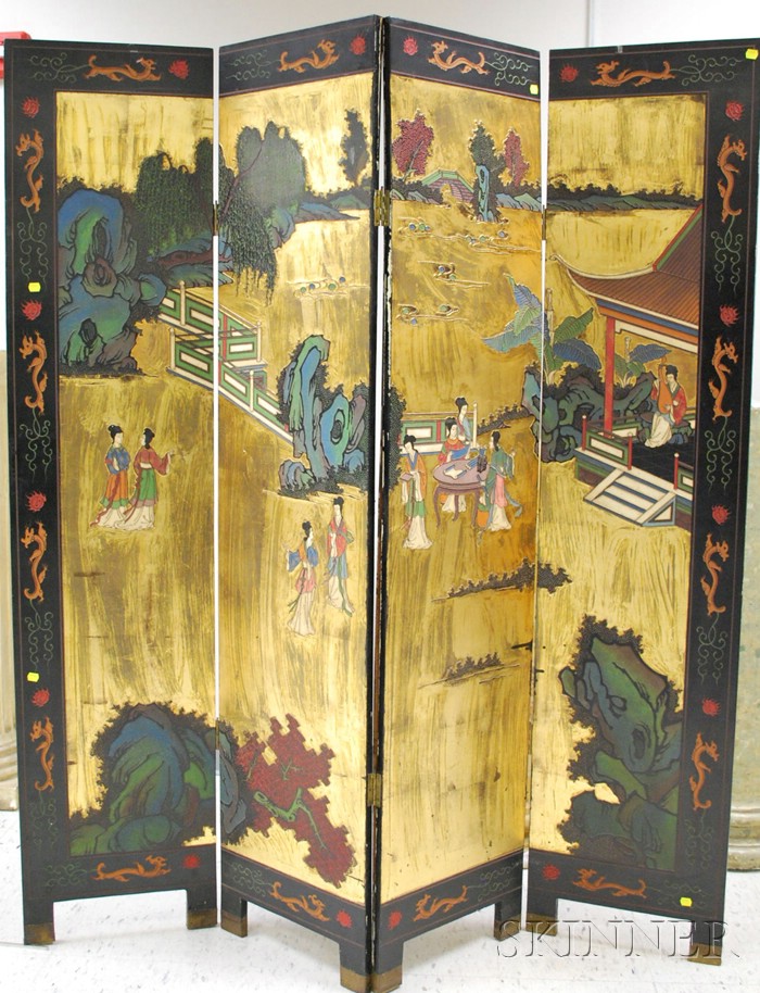 Appraisal: Chinese Export Coromandel Four-Panel Folding Floor Screen ht panel wd