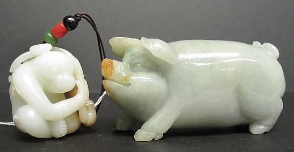 Appraisal: Two animal carvings Including a pig of green mottled jadeite