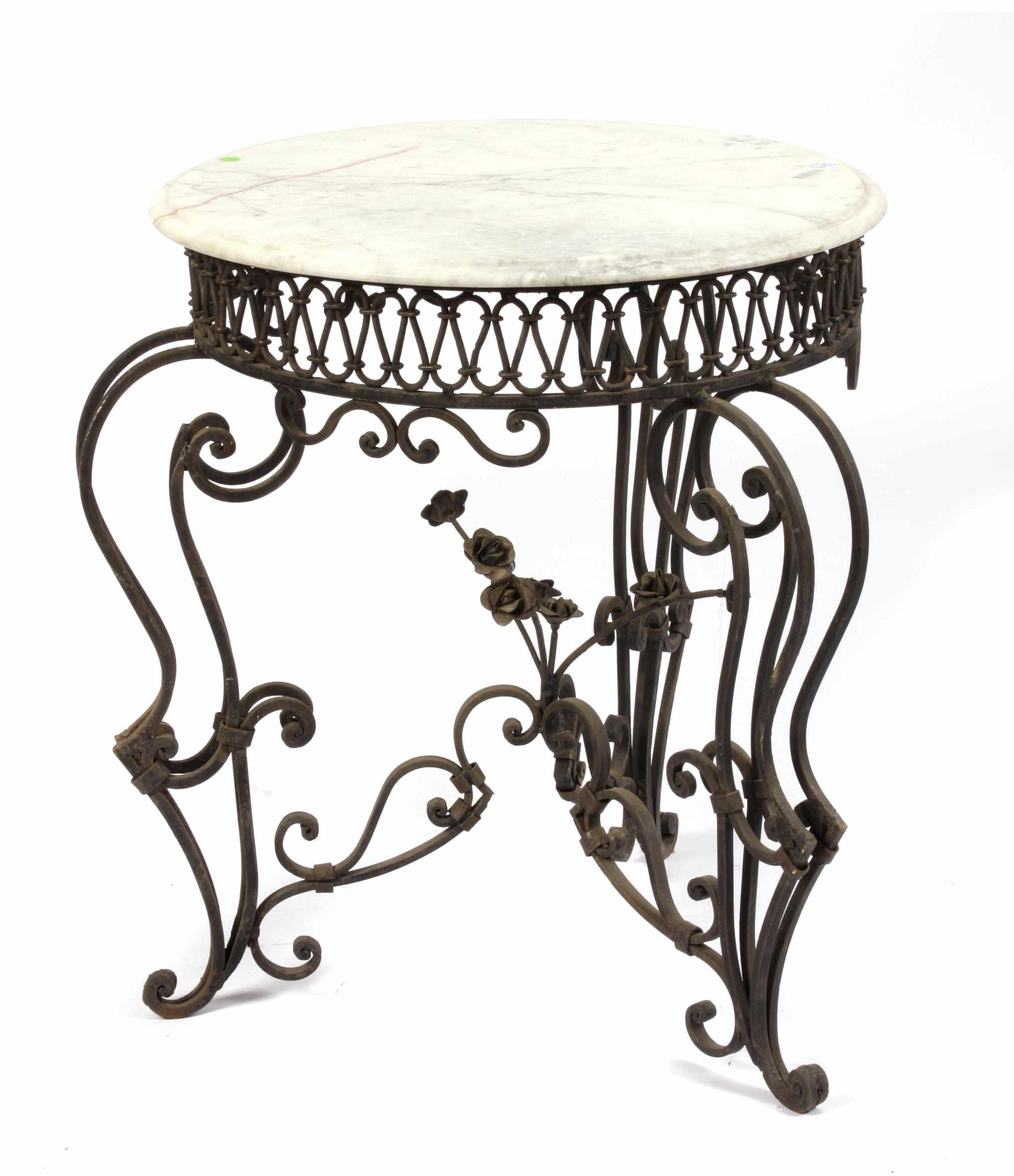 Appraisal: A pair of wrought iron tole and marble side tables