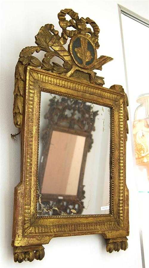 Appraisal: SMALL CARVED GILTWOOD MIRROR Louis XVI France th century H