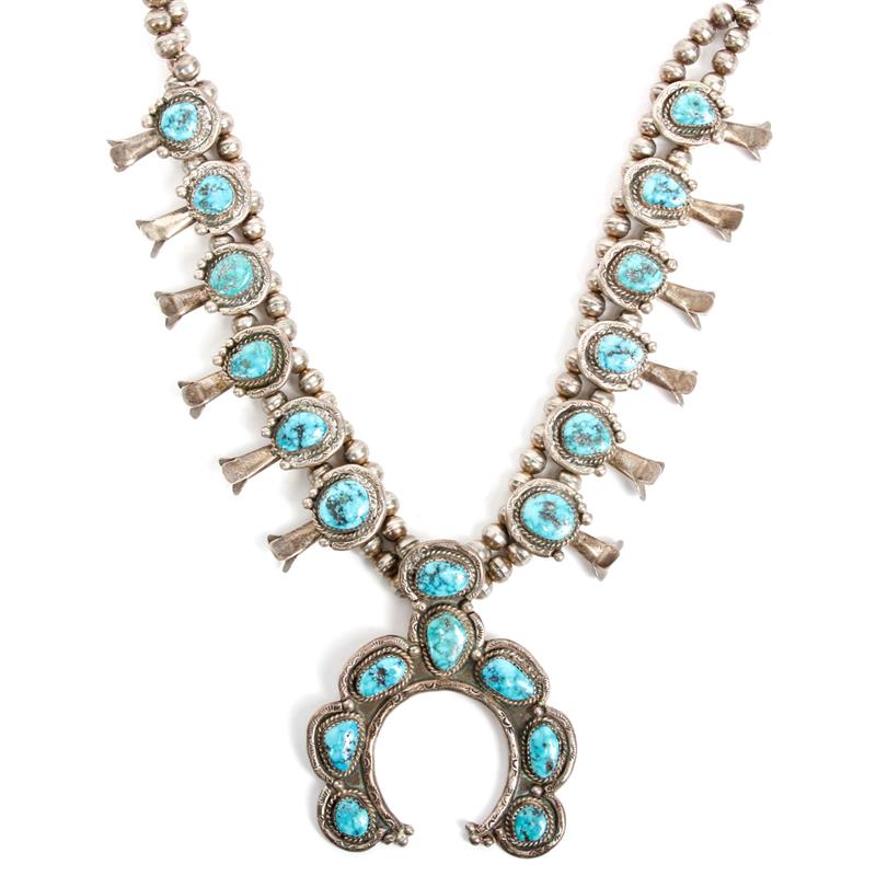 Appraisal: Vintage Native American sterling silver and turquoise squash blossom necklace