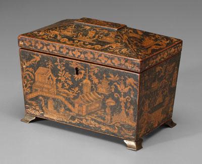 Appraisal: Penwork tea caddy sarcophagus form with tapered sides brass feet