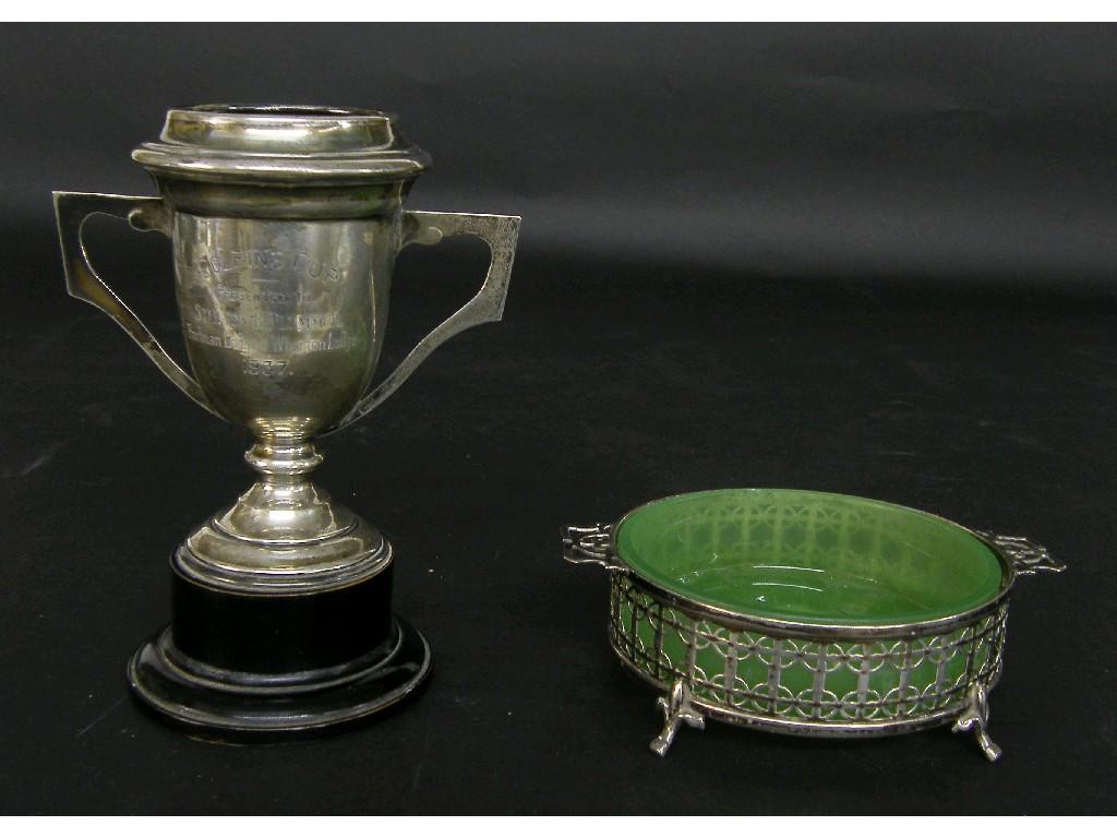 Appraisal: Silver twin handled presentation trophy upon a turned ebonised base