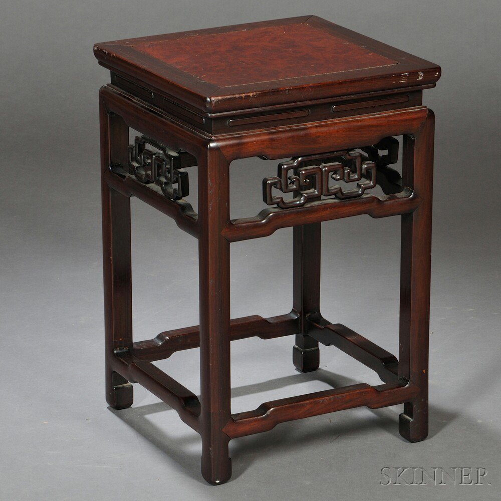 Appraisal: Square Stand China hardwood top with burlwood insert humpback stretchers