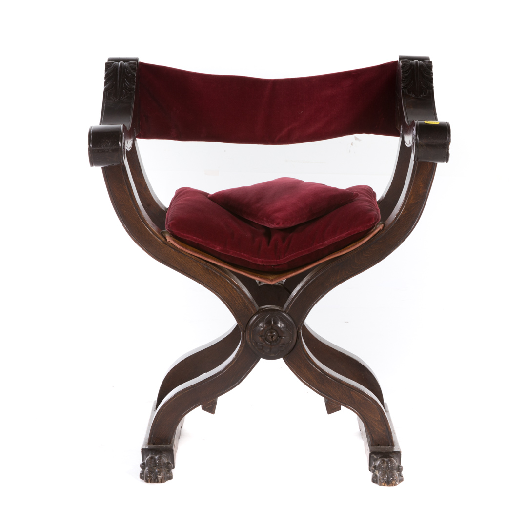 Appraisal: Victorian style walnut Savonarola chair red velvet upholstery in H