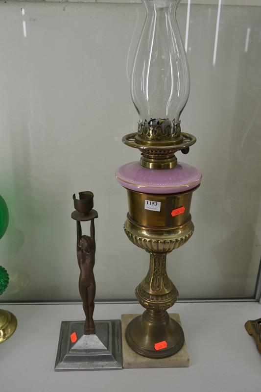 Appraisal: VICTORIAN BRASS AND PINK GLASS BANQUET LAMP AND CAST IRON