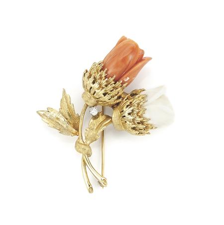 Appraisal: Gold Carved Coral and Diamond Flower Brooch Estimate -